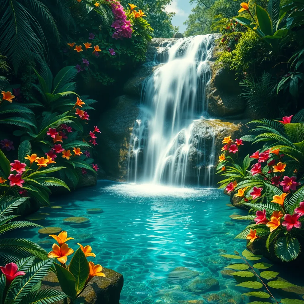 A hidden waterfall cascades into a crystal-clear pool surrounded by vibrant flowers and lush ferns. (Paradise, tropical, hidden oasis, untouched)