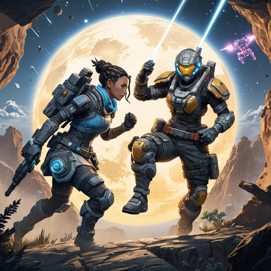 Game characters from Apex Legends fighting