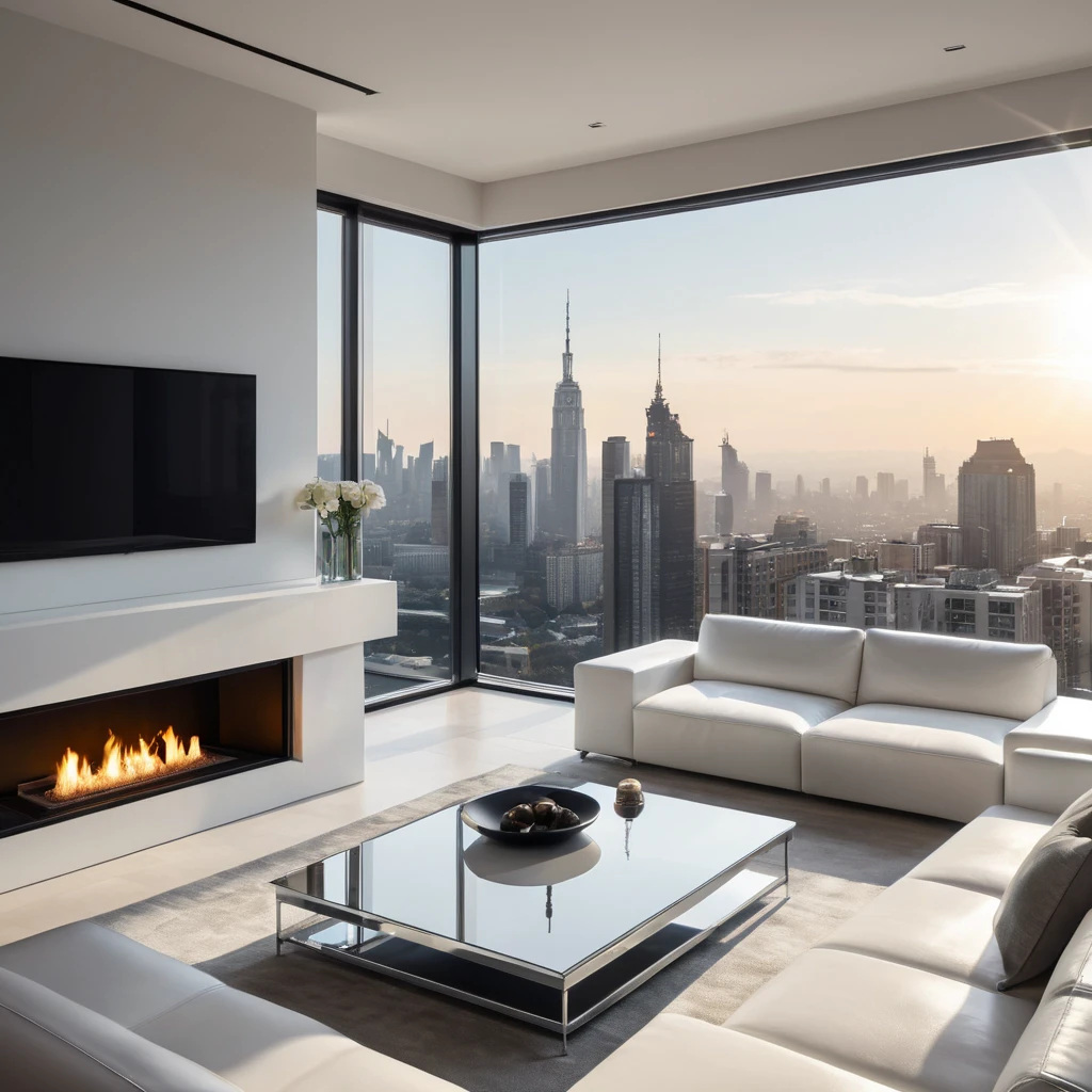 A minimalist living room with a large, panoramic window overlooking a bustling city skyline. Sunlight streams through the window, illuminating a white leather sofa, a sleek coffee table made of polished chrome, and a modern fireplace with a glowing fire.