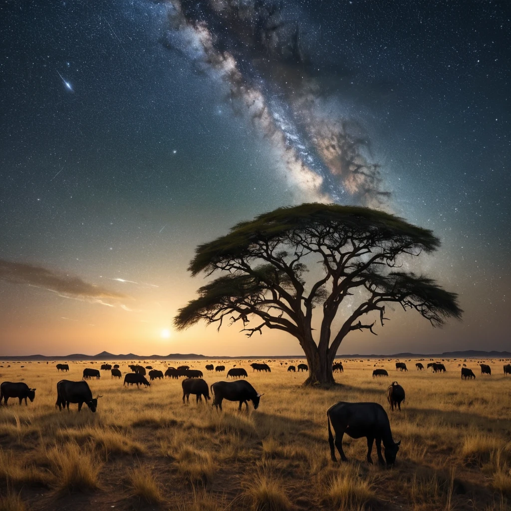 A vast, open savanna under a vast, star-filled sky, with herds of grazing animals silhouetted against the horizon, and the Milky Way stretching across the heavens.