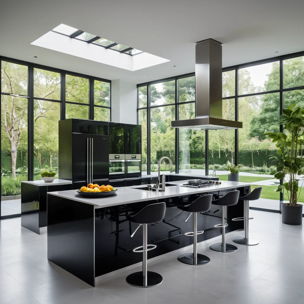A futuristic kitchen with sleek, black cabinetry, stainless steel appliances, and a large island featuring a built-in induction cooktop and a breakfast bar with high-backed stools. A wall of windows overlooks a verdant garden.