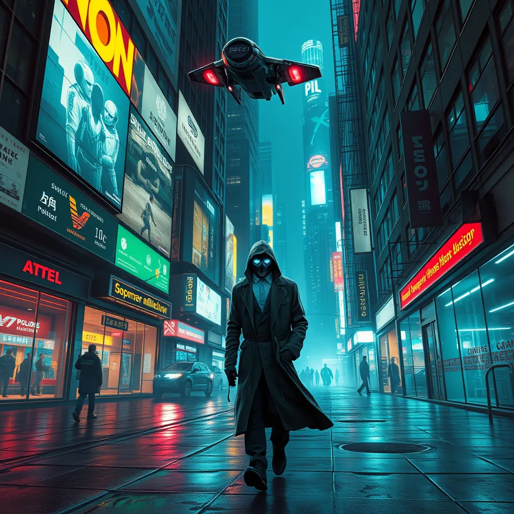 A cyberpunk street scene, holographic projections of advertisements flicker on buildings, robotic police patrol the streets, a lone figure in a trench coat walks down the sidewalk, their face obscured by a glowing mask, a flying car zooms overhead.