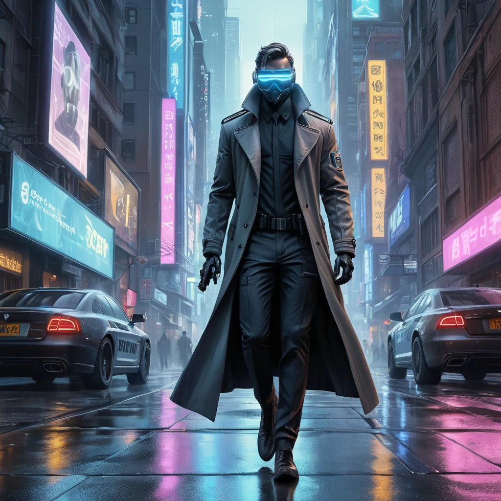 A cyberpunk street scene, holographic projections of advertisements flicker on buildings, robotic police patrol the streets, a lone figure in a trench coat walks down the sidewalk, their face obscured by a glowing mask, a flying car zooms overhead.