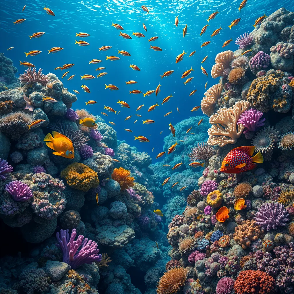 A vibrant coral reef teeming with exotic marine life, where schools of colorful fish dart among the intricate formations of coral, all set against the deep blue ocean.