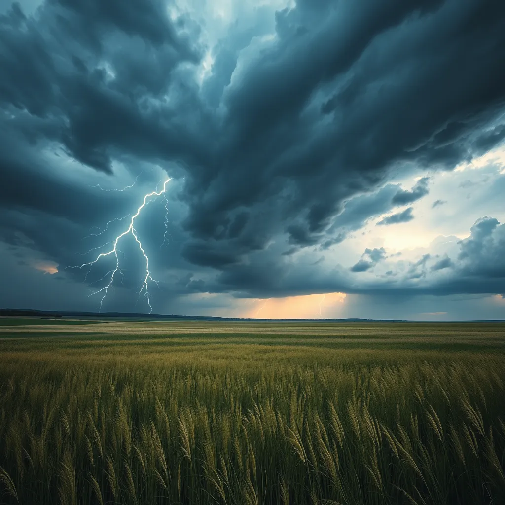 A vast, open prairie under a dramatic thunderstorm, with lightning bolts illuminating the dark clouds and the tall grass swaying in the strong winds.