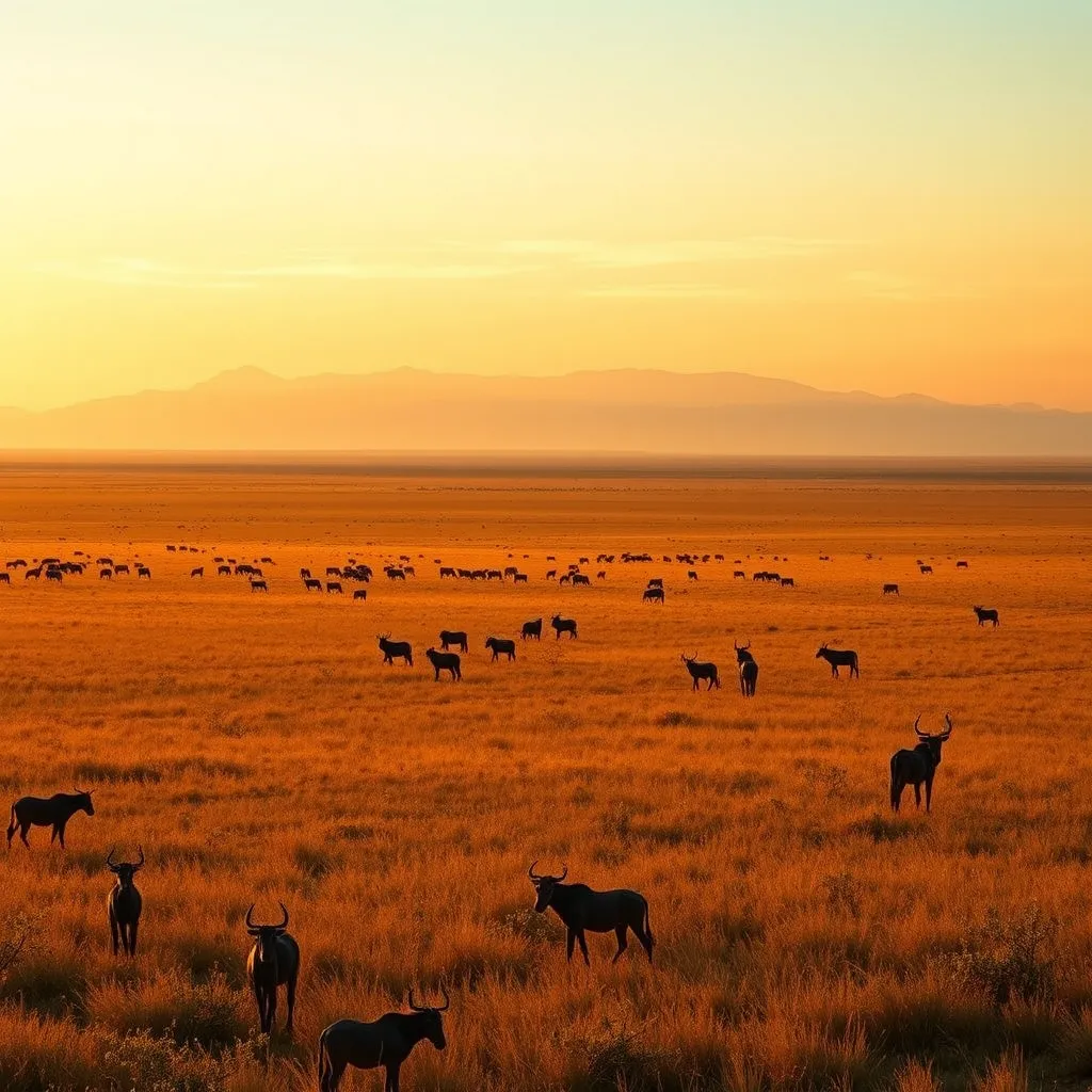 A panoramic view of a vast, golden savannah at dawn, with herds of wildlife grazing and a distant, snow-capped mountain range on the horizon.