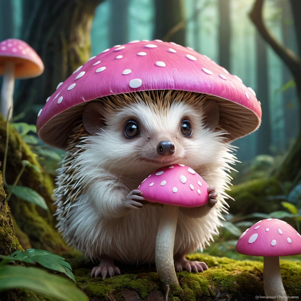 A tiny hedgehog with big eyes and a curious expression, sniffing a pink mushroom in a magical forest, fantasy art, glowing mushrooms