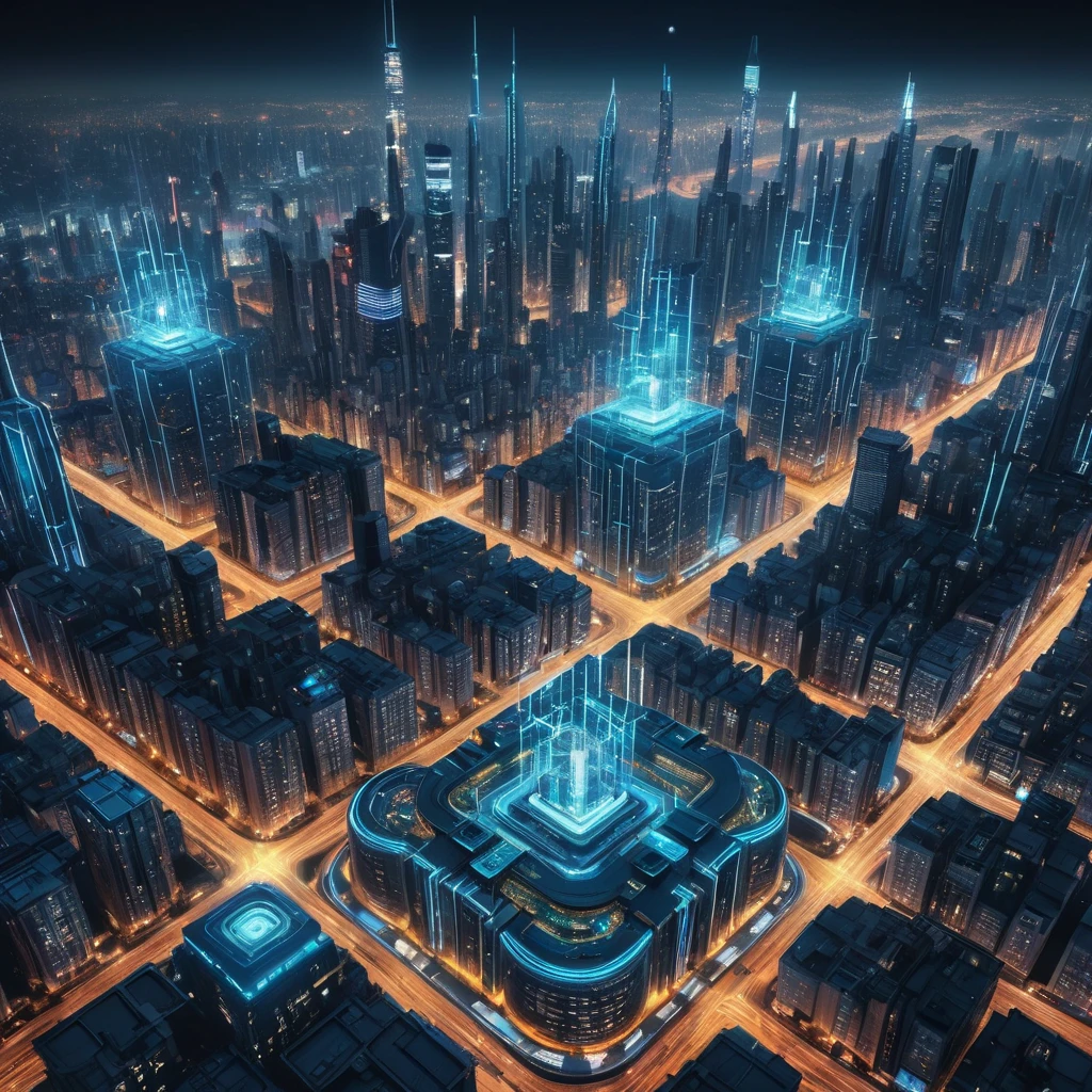 Aerial view of a sprawling cyberpunk city at night, glowing grid patterns of streets and buildings, flying vehicles weaving through the cityscape, holographic projections illuminating the sky, a sense of scale and technological advancement, futuristic architecture, 8k resolution