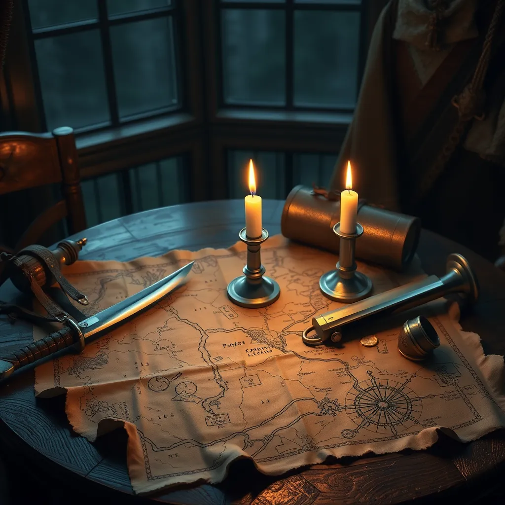 A treasure map spread out on a table lit by a single flickering candle, surrounded by pirate paraphernalia - cutlass, compass, spyglass, and gold coins, highly detailed, realistic