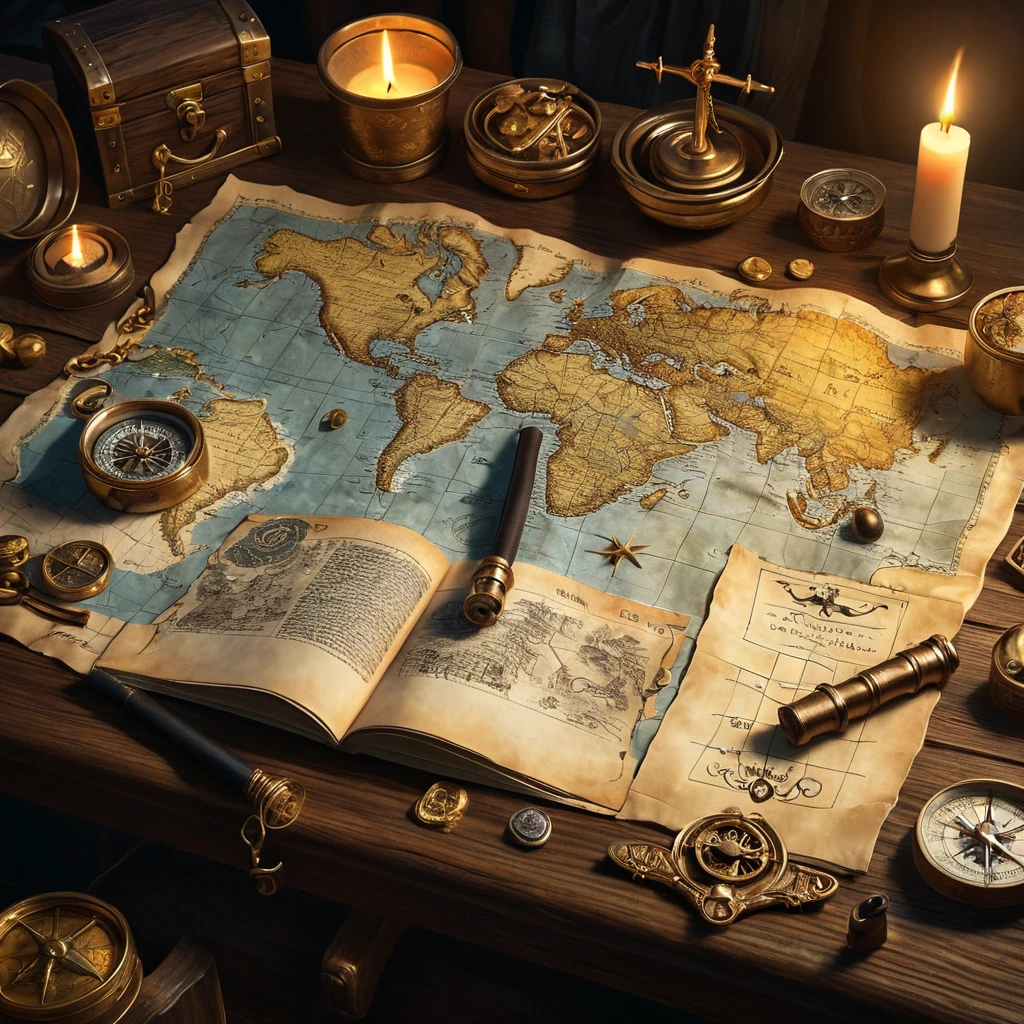 A treasure map spread out on a table lit by a single flickering candle, surrounded by pirate paraphernalia - cutlass, compass, spyglass, and gold coins, highly detailed, realistic