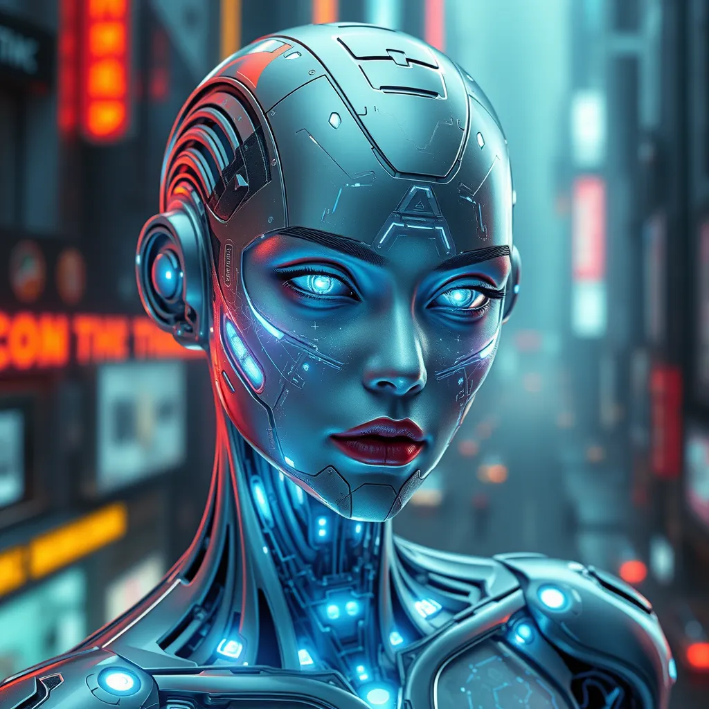 An ethereal android with luminous silver skin, geometric patterns of light pulsing beneath her surface, her eyes glowing with artificial intelligence, set against a backdrop of a futuristic neon cityscape, cyberpunk art, hyperrealistic