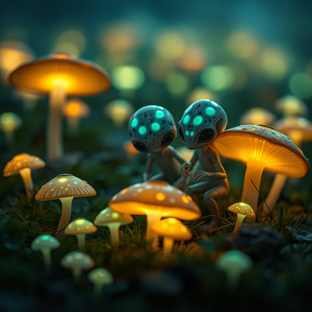 A group of bioluminescent baby aliens playing hide and seek in a field of glowing mushrooms, whimsical, dreamlike, soft focus