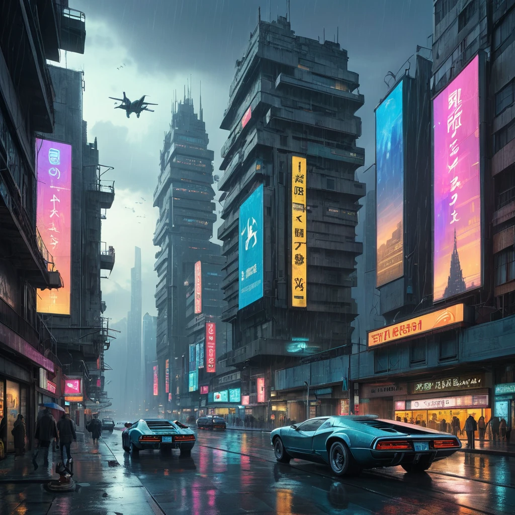 A colossal, rain-slicked metropolis shrouded in perpetual twilight, crumbling brutalist architecture pierced by towering holographic advertisements, flying vehicles weaving between decaying skyscrapers, cyberpunk style