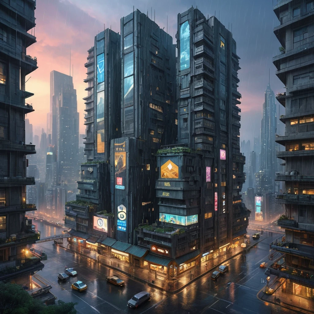 A colossal, rain-slicked metropolis shrouded in perpetual twilight, crumbling brutalist architecture pierced by towering holographic advertisements, flying vehicles weaving between decaying skyscrapers, cyberpunk style