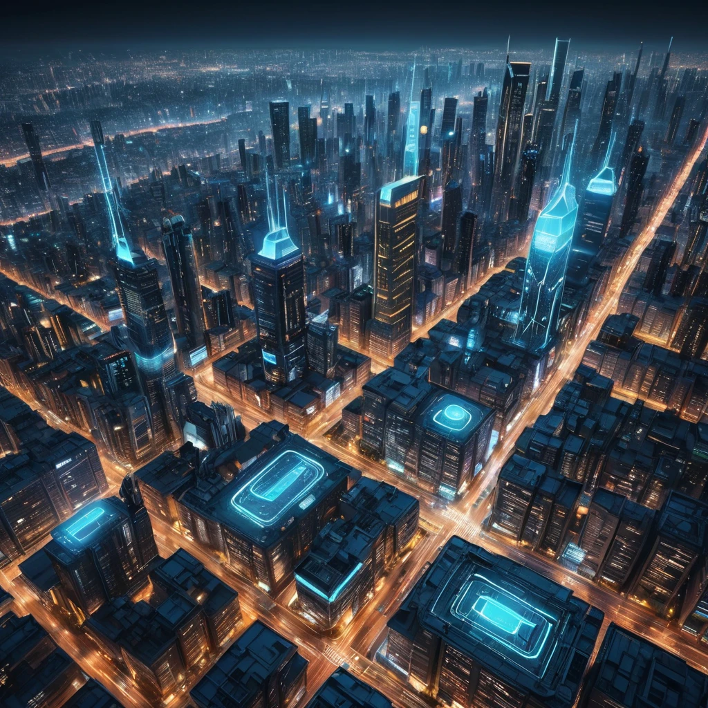 Aerial view of a sprawling cyberpunk city at night, glowing grid patterns of streets and buildings, flying vehicles weaving through the cityscape, holographic projections illuminating the sky, a sense of scale and technological advancement, futuristic architecture, 8k resolution