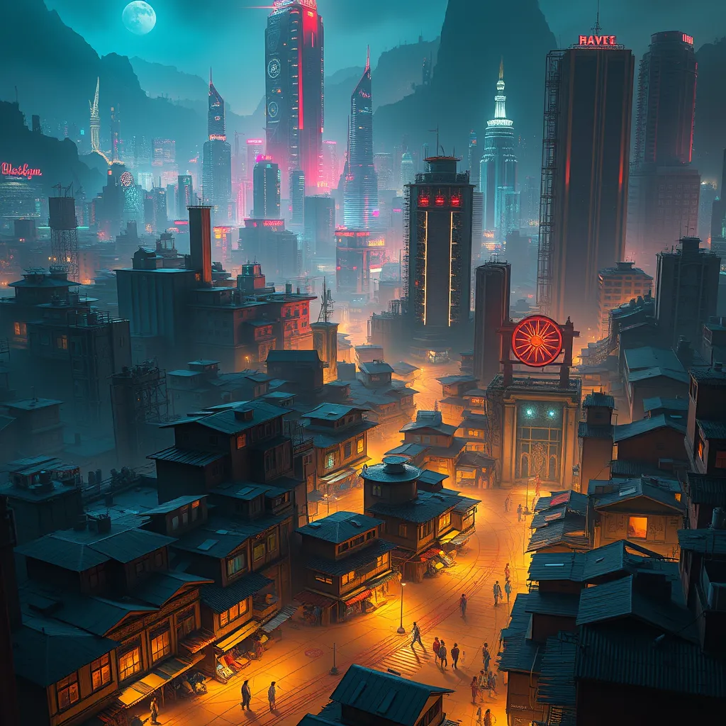 A sprawling shantytown built precariously on the edges of a towering, neon-drenched megacity, the chasm between rich and poor starkly illuminated by flickering streetlights and the glow of advanced technology, digital art