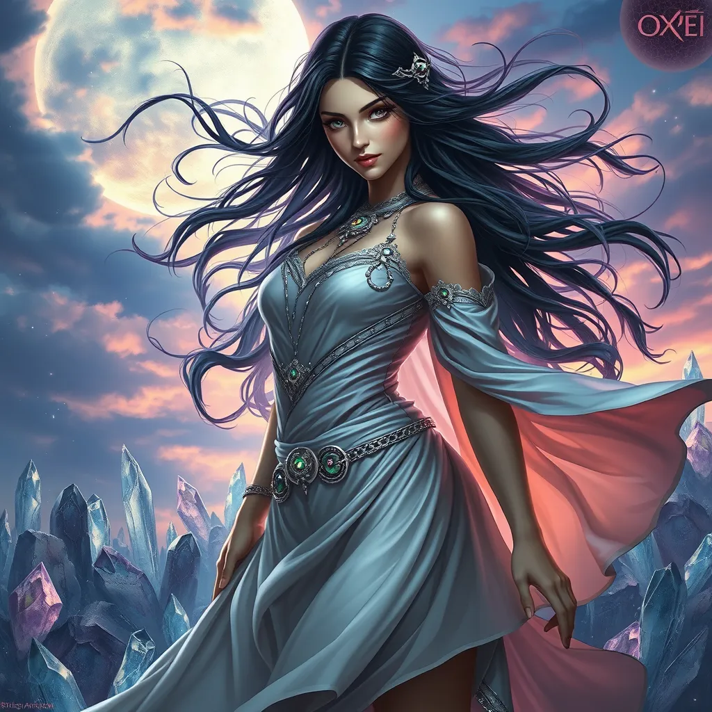 A stunning sorceress with emerald eyes, flowing raven hair interwoven with silver ornaments, clad in flowing silks that shift between the colors of a twilight sky, standing amidst a field of enchanted crystals, fantasy art