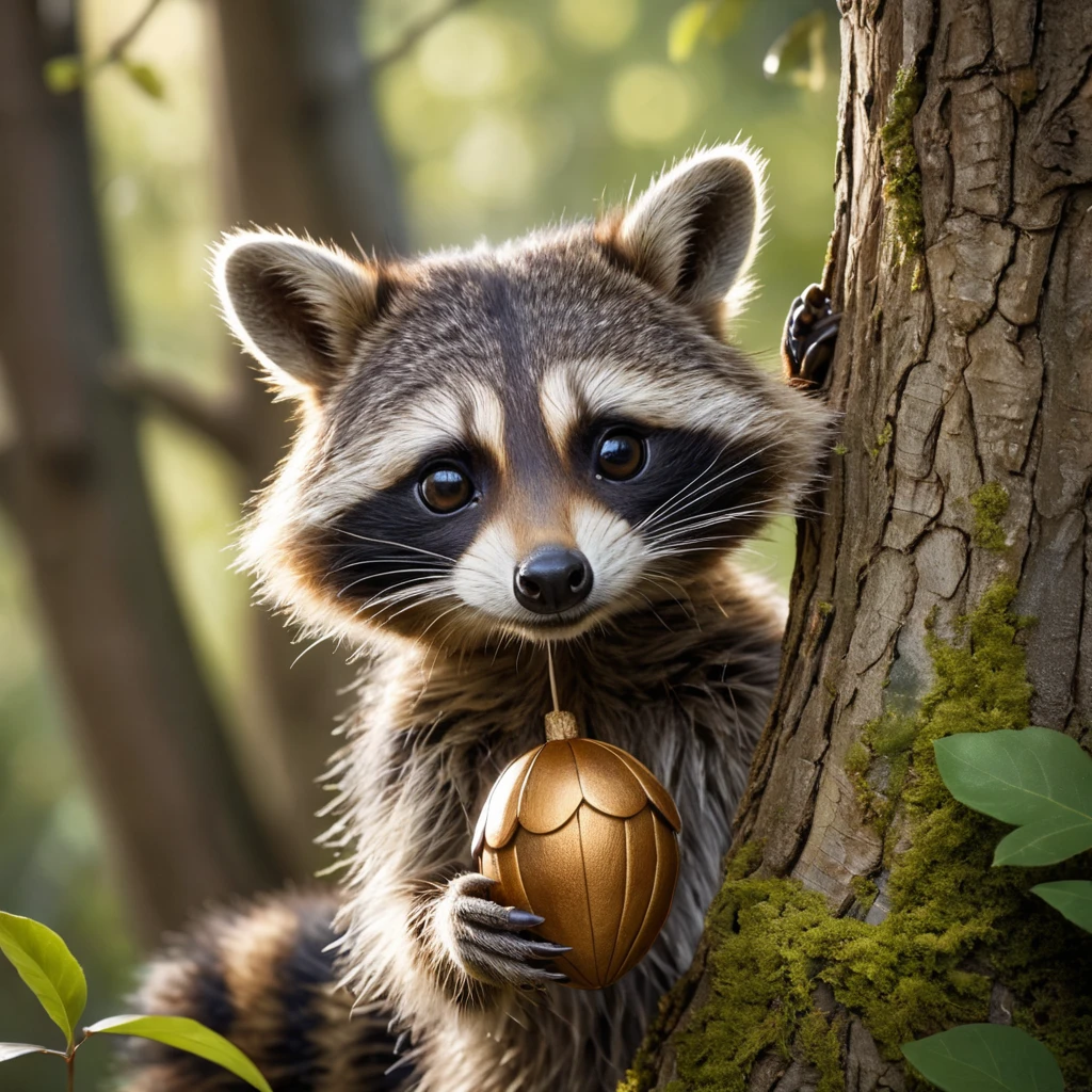 A mischievous raccoon wearing a tiny bandit mask, peeking out from behind a tree with a sparkling acorn in its paw, enchanting forest setting, soft focus