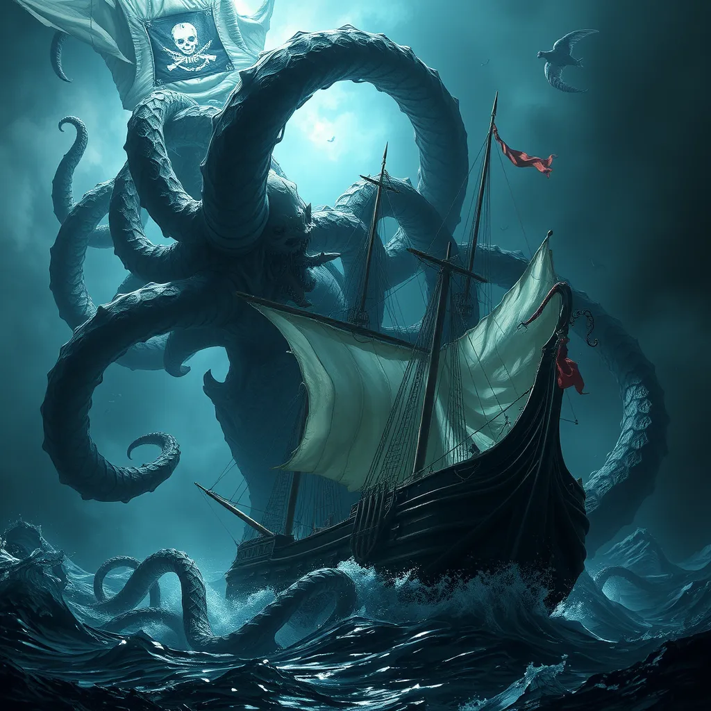 A kraken, tentacles wrapped around a pirate ship, dragging it into the depths of the ocean, dark fantasy, epic scene, dramatic lighting