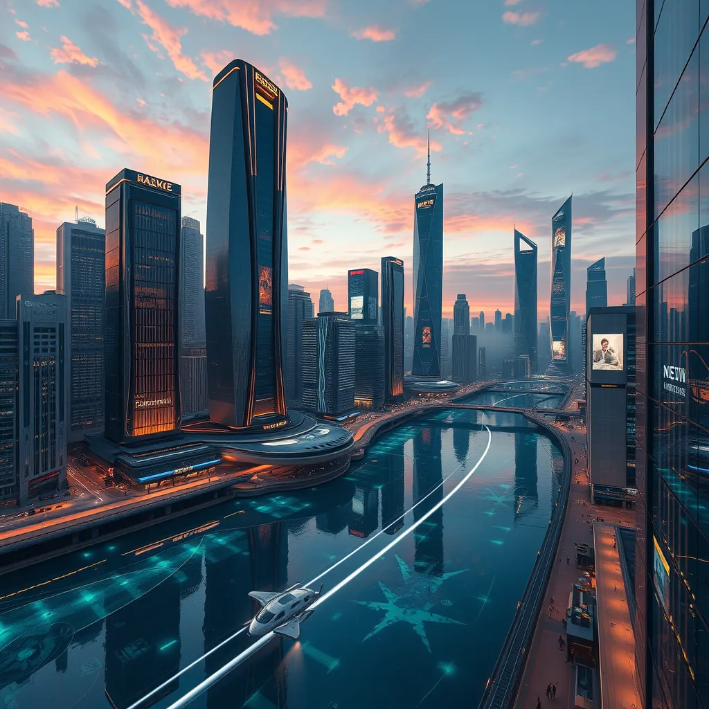 A futuristic cityscape at dusk, with sleek, bioluminescent skyscrapers towering over crystalline waterways. Flying autonomous vehicles zip between buildings, leaving trails of light. Reflecting the vibrant sky above, holographic advertisements shimmer on building facades.