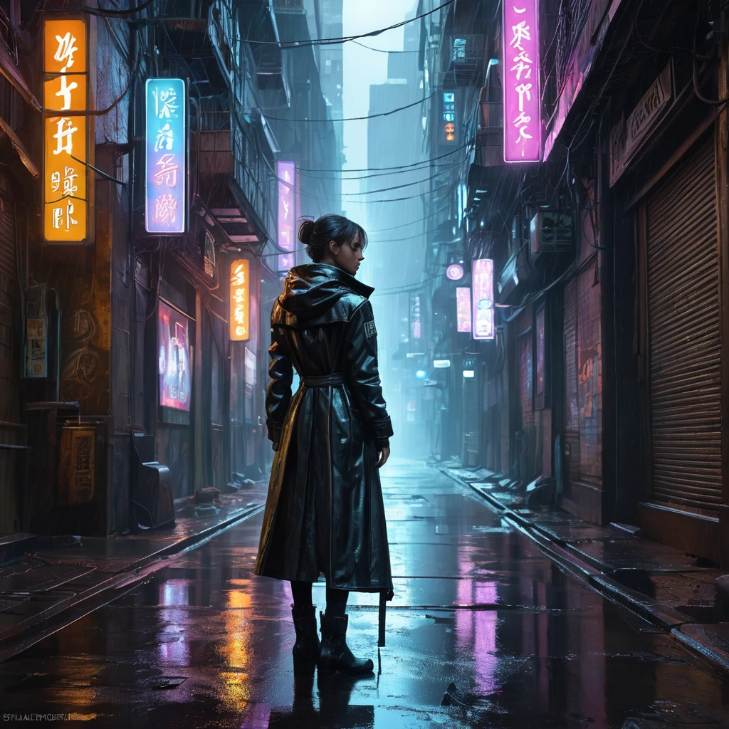 Deserted alleyway in a dystopian cyberpunk city, rain slick streets reflecting neon signs, steam rising from grates, flickering holographic advertisements, a lone figure silhouetted in the distance, a sense of loneliness and urban decay, cyberpunk art, dark and atmospheric