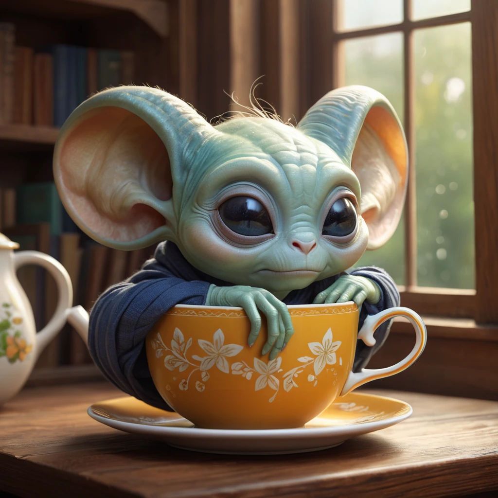 A sleepy alien with big, droopy ears curled up inside a cup of tea, cozy, warm colors, storybook illustration