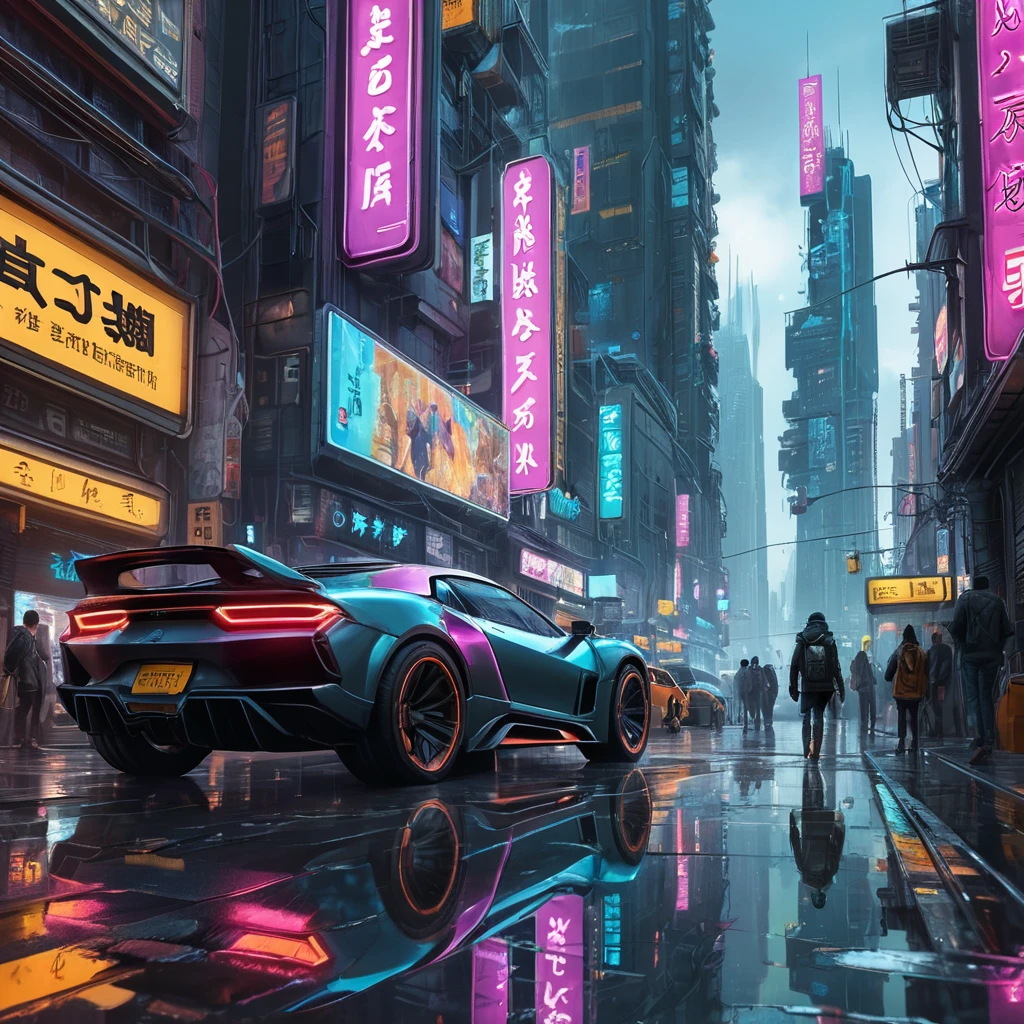 A cyberpunk street bustling with life, neon signs reflecting off puddles, flying vehicles zipping through towering skyscrapers, crowds of people with augmented limbs and holographic projections, a sense of gritty realism and vibrant chaos, trending on artstation, intricate details