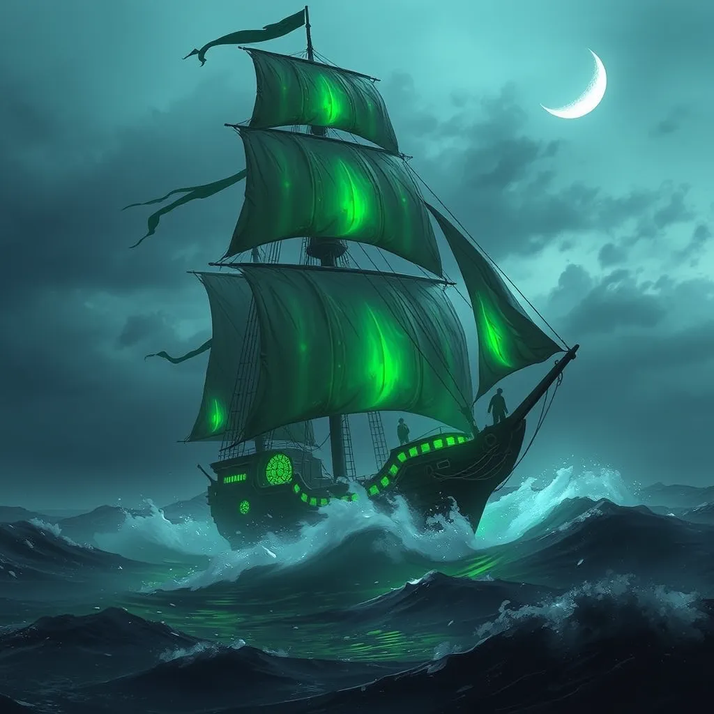 A ghost ship, sails tattered and glowing with eerie green light, sailing through a stormy sea under a crescent moon, digital art, fantasy, ominous