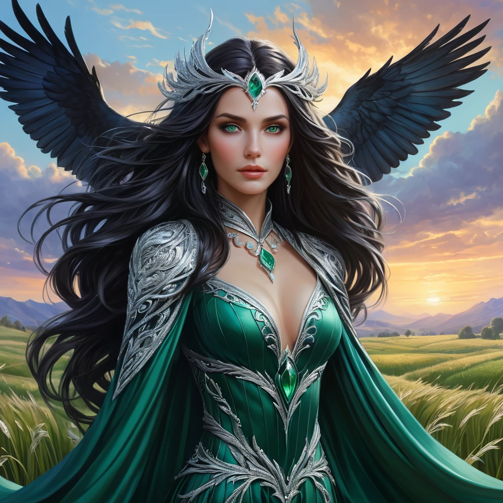 A stunning sorceress with emerald eyes, flowing raven hair interwoven with silver ornaments, clad in flowing silks that shift between the colors of a twilight sky, standing amidst a field of enchanted crystals, fantasy art