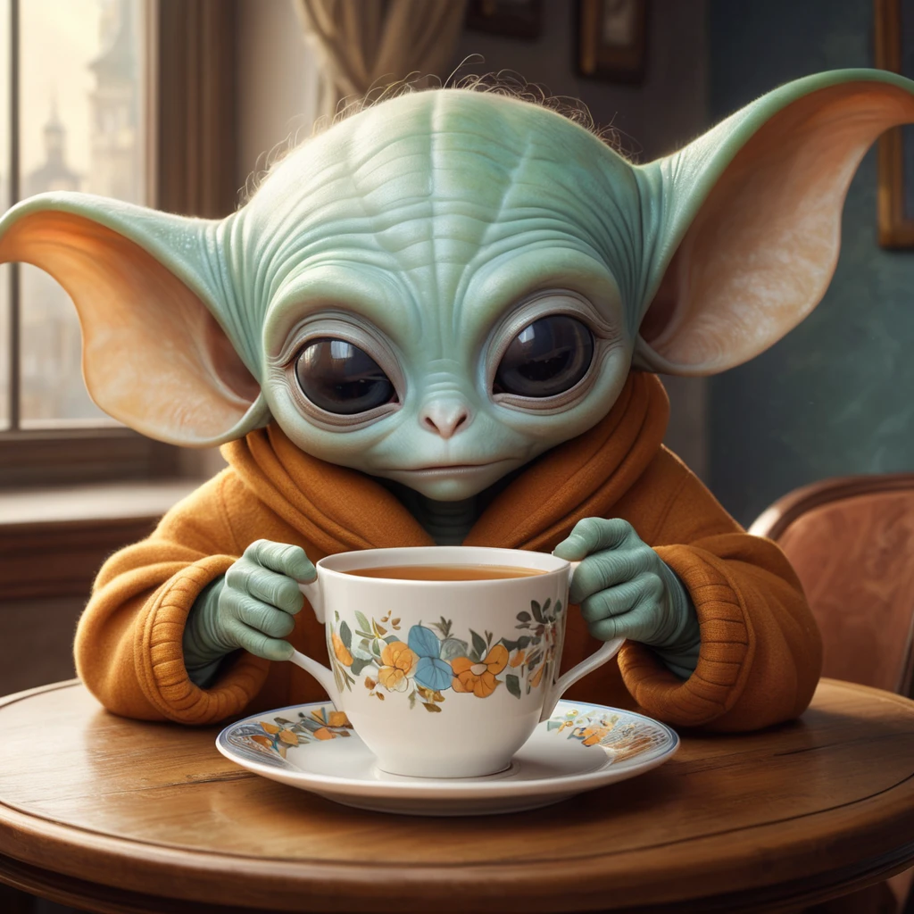 A sleepy alien with big, droopy ears curled up inside a cup of tea, cozy, warm colors, storybook illustration