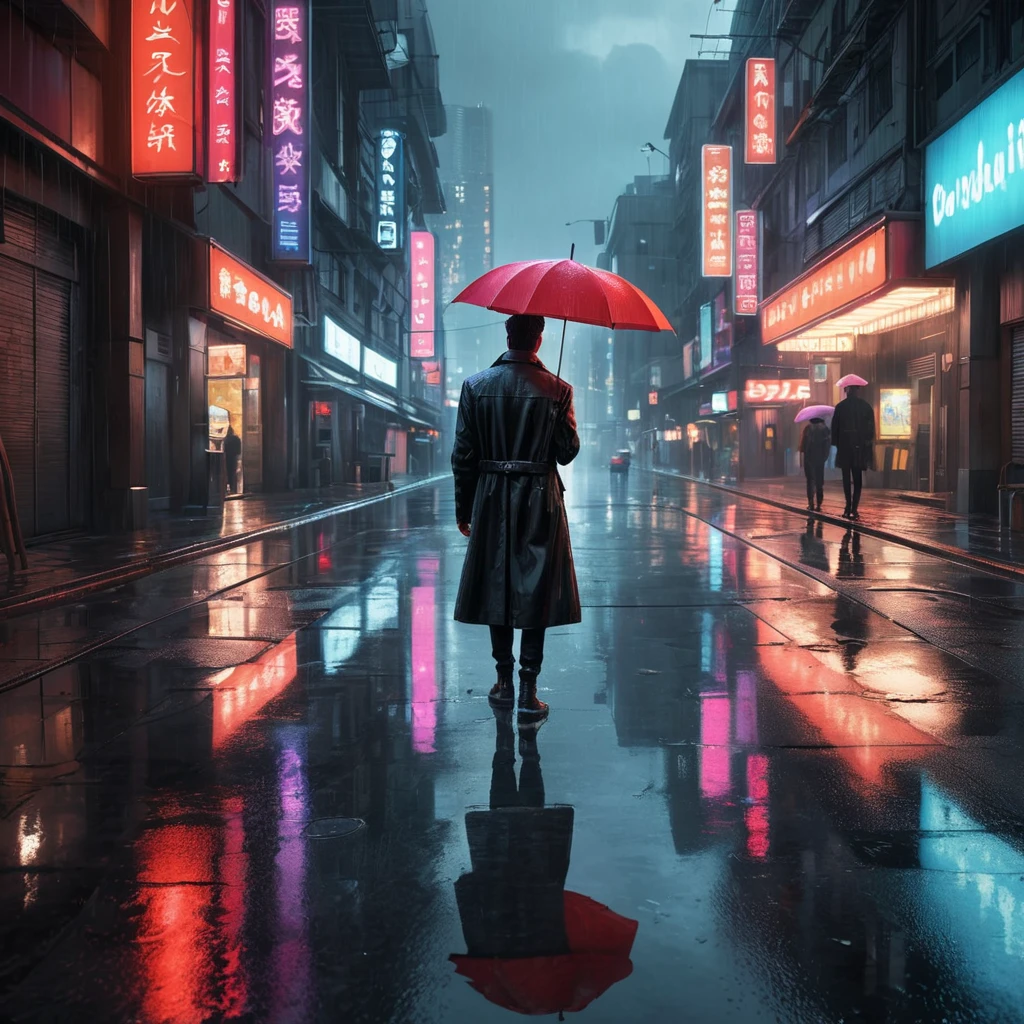 Cyberpunk street after the rain, reflections of neon lights on the wet pavement, puddles acting like mirrors to the city above, a lone figure walking away with a red umbrella, a sense of melancholy and beauty, cinematic composition, hyperrealistic