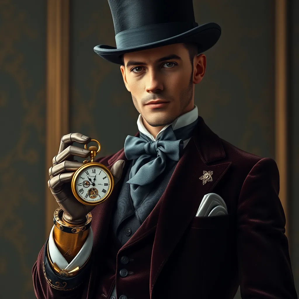 An elegant Victorian gentleman with a finely crafted prosthetic arm made of polished brass and copper. He holds a pocket watch that displays intricate gears instead of numbers. Dressed in a velvet waistcoat and cravat, a top hat casting a shadow over his piercing gaze. Steampunk, cinematic lighting, Art Deco elements.