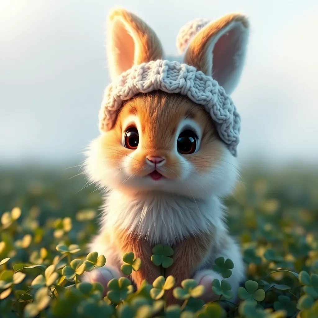 A fluffy baby bunny with big eyes, wearing a tiny knitted hat, sitting in a field of clovers, soft lighting, adorable, cute, pixar style