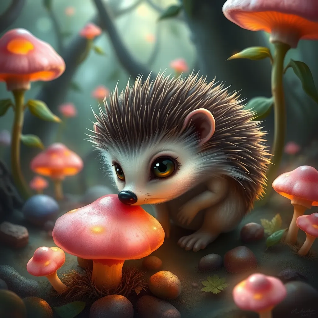 A tiny hedgehog with big eyes and a curious expression, sniffing a pink mushroom in a magical forest, fantasy art, glowing mushrooms