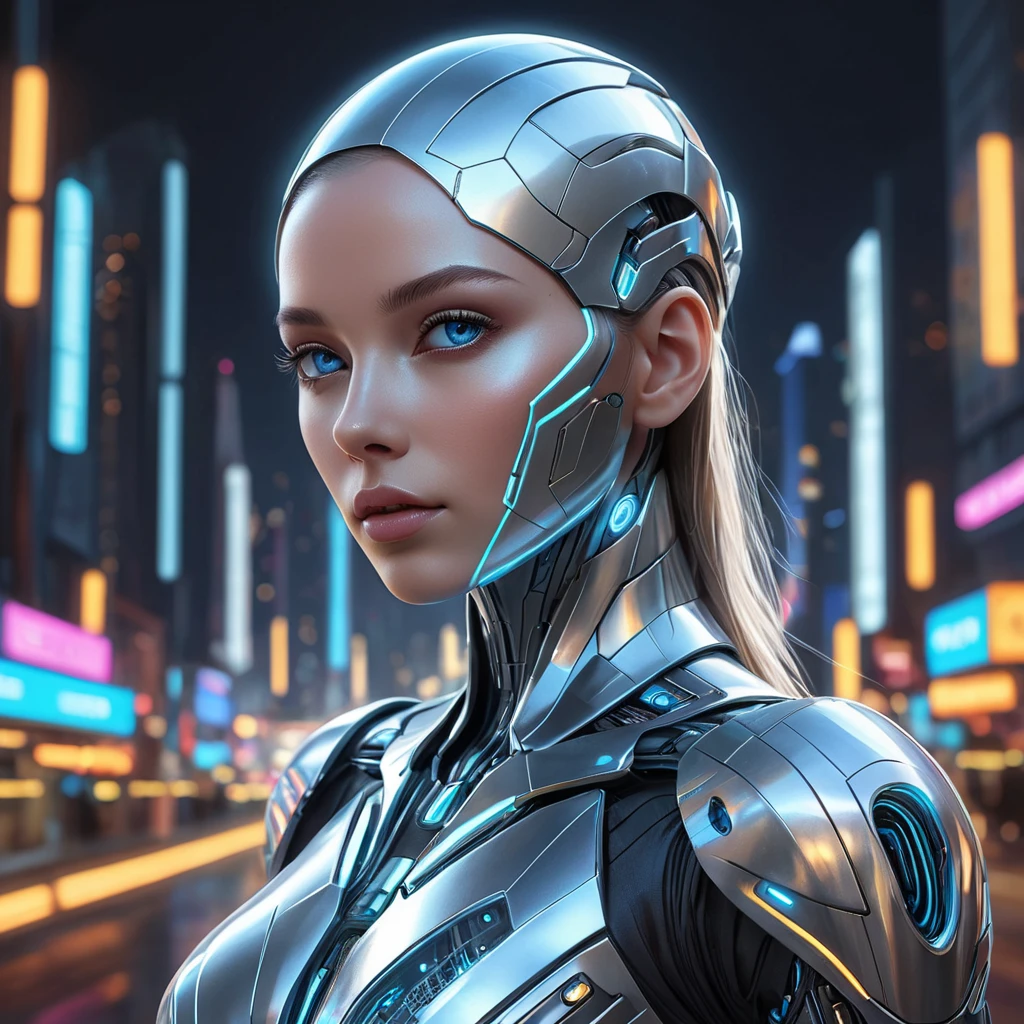 An ethereal android with luminous silver skin, geometric patterns of light pulsing beneath her surface, her eyes glowing with artificial intelligence, set against a backdrop of a futuristic neon cityscape, cyberpunk art, hyperrealistic