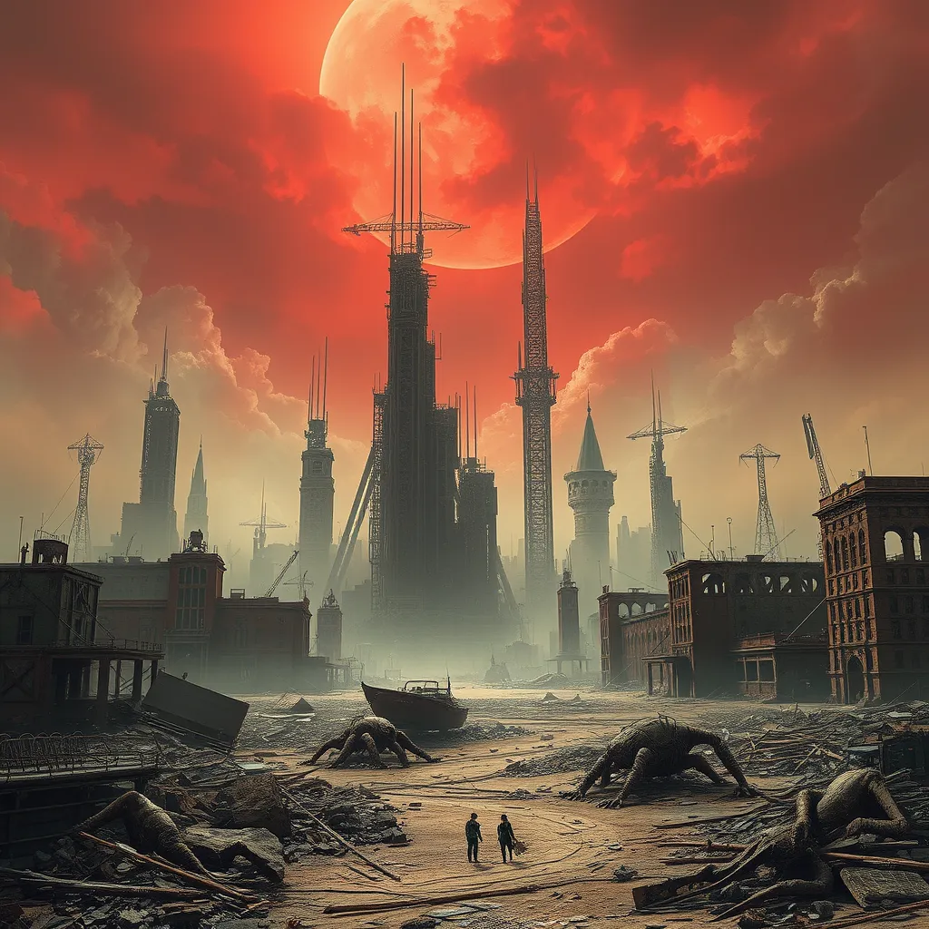 A desolate, dust-swept cityscape littered with the remnants of a forgotten war, rusted metal skeletons of buildings reaching towards a blood-red sky, biomechanical creatures scavenging amongst the debris, apocalyptic art