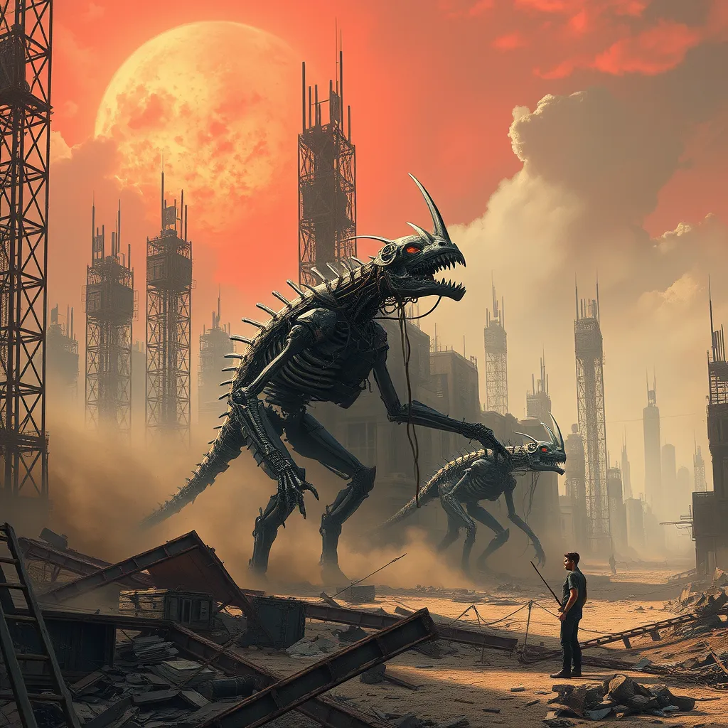 A desolate, dust-swept cityscape littered with the remnants of a forgotten war, rusted metal skeletons of buildings reaching towards a blood-red sky, biomechanical creatures scavenging amongst the debris, apocalyptic art