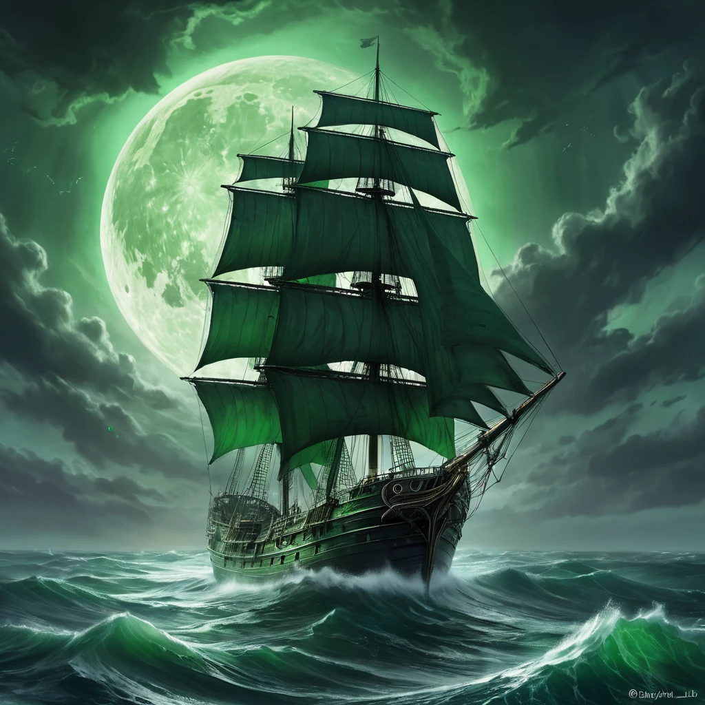 A ghost ship, sails tattered and glowing with eerie green light, sailing through a stormy sea under a crescent moon, digital art, fantasy, ominous