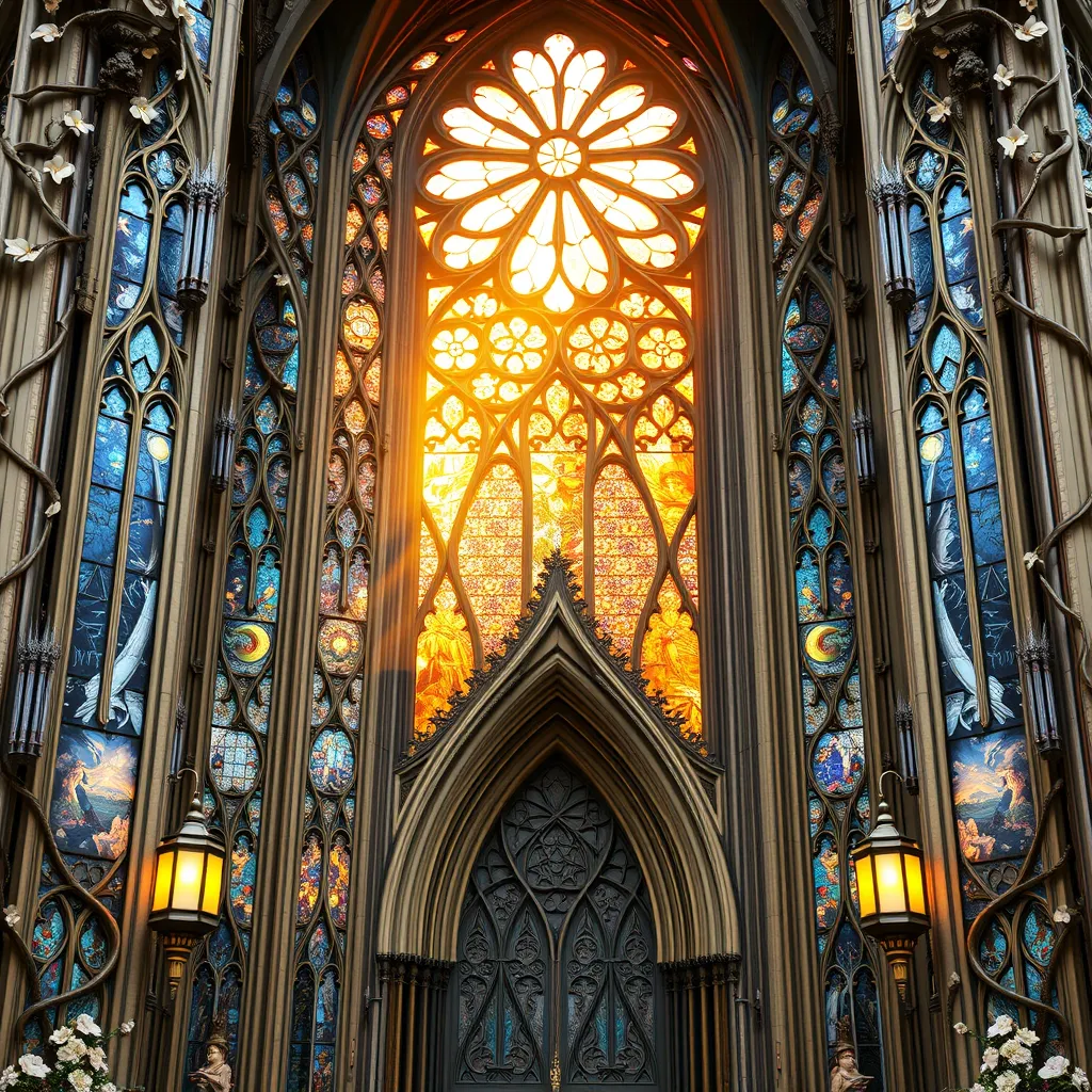 An intricate Art Nouveau cathedral facade, adorned with iridescent stained glass mosaics depicting celestial scenes, framed by organic lines of sculpted bronze vines and blossoms. Soft sunlight streams through, casting a kaleidoscope of colors within.