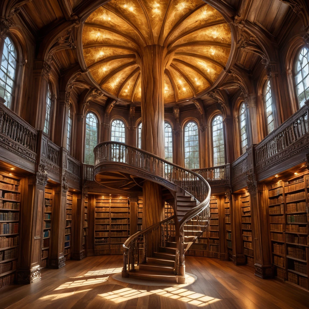 A solitary, ancient library carved into the heart of a giant sequoia tree, bathed in warm, golden light. Shelves overflow with ancient tomes bound in leather and illuminated manuscripts. A spiral staircase winds upwards, disappearing into the shadows of the treetop.