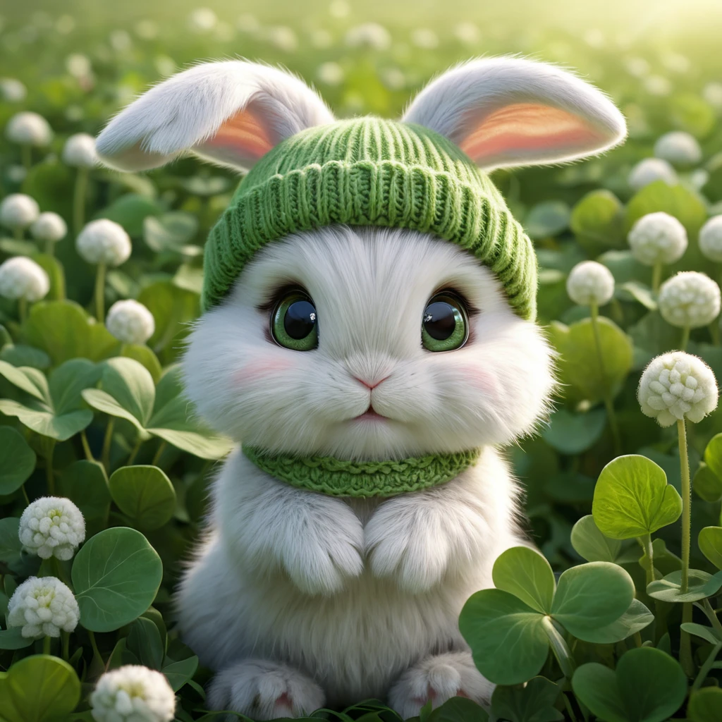 A fluffy baby bunny with big eyes, wearing a tiny knitted hat, sitting in a field of clovers, soft lighting, adorable, cute, pixar style