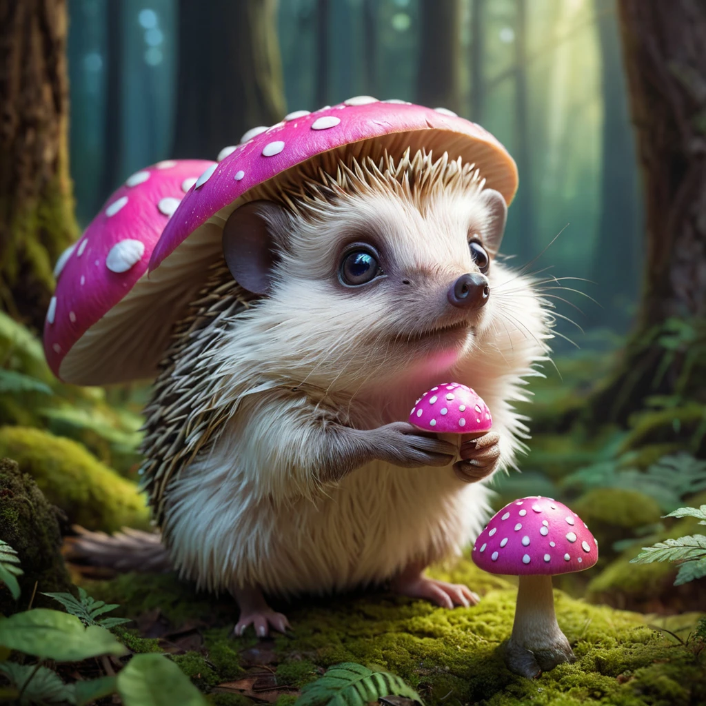 A tiny hedgehog with big eyes and a curious expression, sniffing a pink mushroom in a magical forest, fantasy art, glowing mushrooms