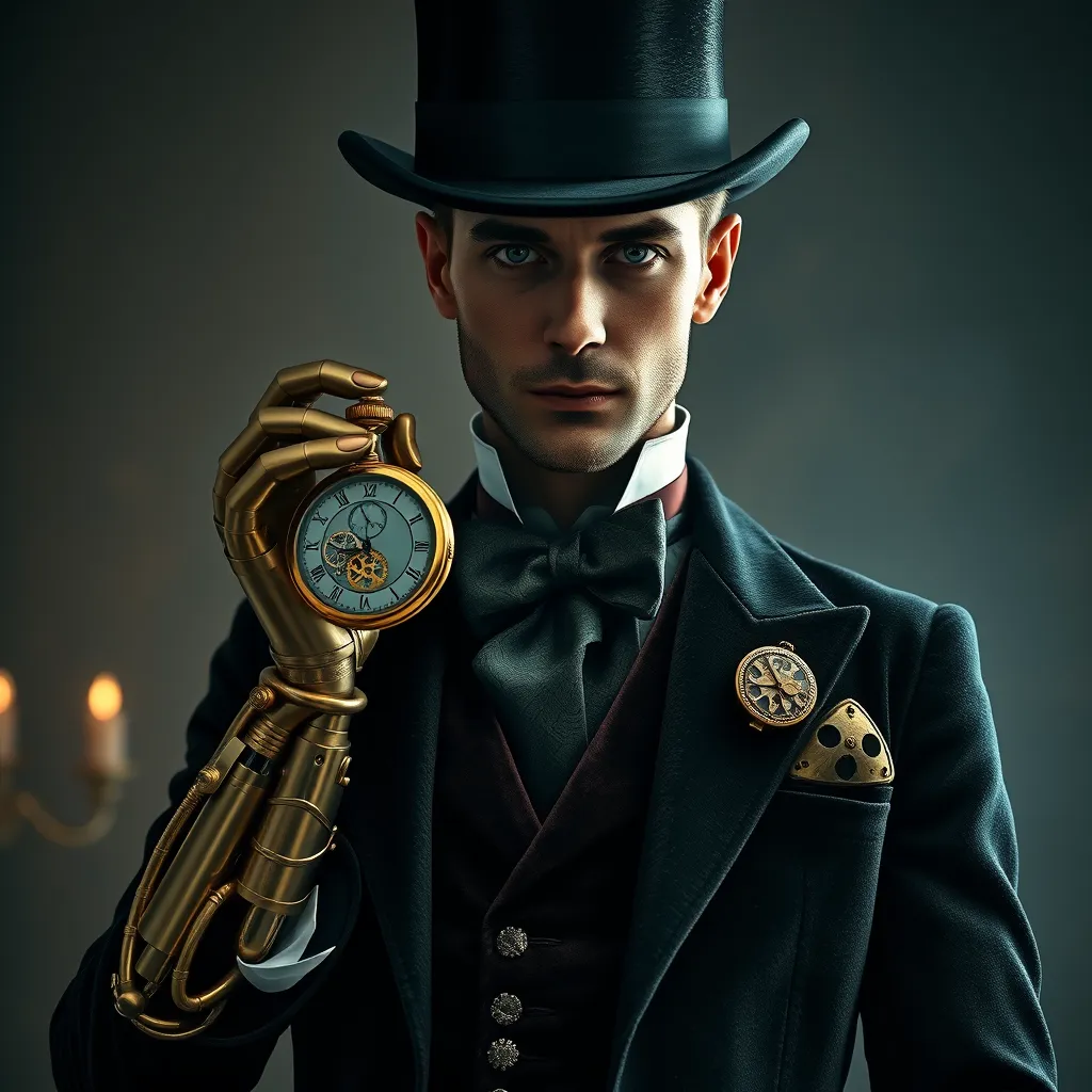 An elegant Victorian gentleman with a finely crafted prosthetic arm made of polished brass and copper. He holds a pocket watch that displays intricate gears instead of numbers. Dressed in a velvet waistcoat and cravat, a top hat casting a shadow over his piercing gaze. Steampunk, cinematic lighting, Art Deco elements.