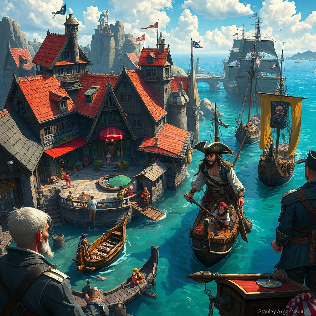 A bustling pirate cove, filled with taverns, ships, and pirates from all walks of life, vibrant colors, lively atmosphere, concept art