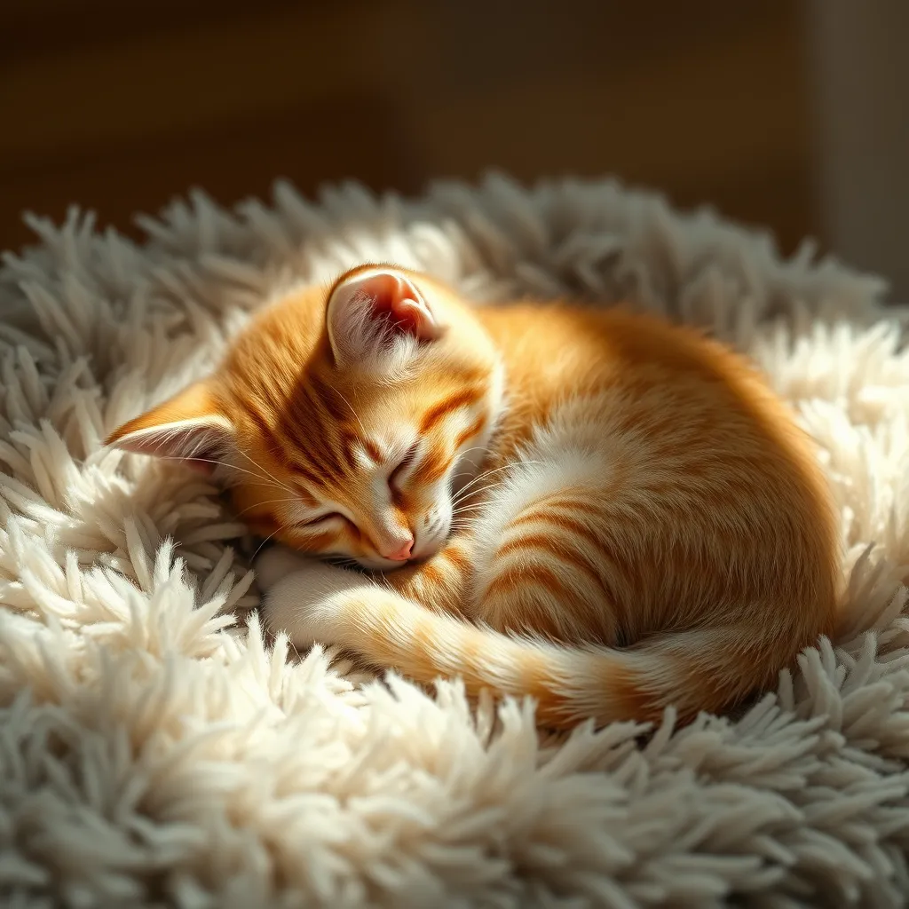 A sleepy orange tabby kitten curled up in a warm sunbeam on a fluffy rug, hyperrealistic, 8k, award-winning photography