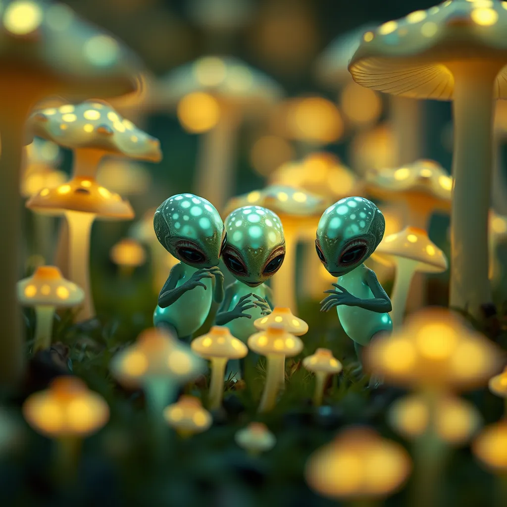 A group of bioluminescent baby aliens playing hide and seek in a field of glowing mushrooms, whimsical, dreamlike, soft focus