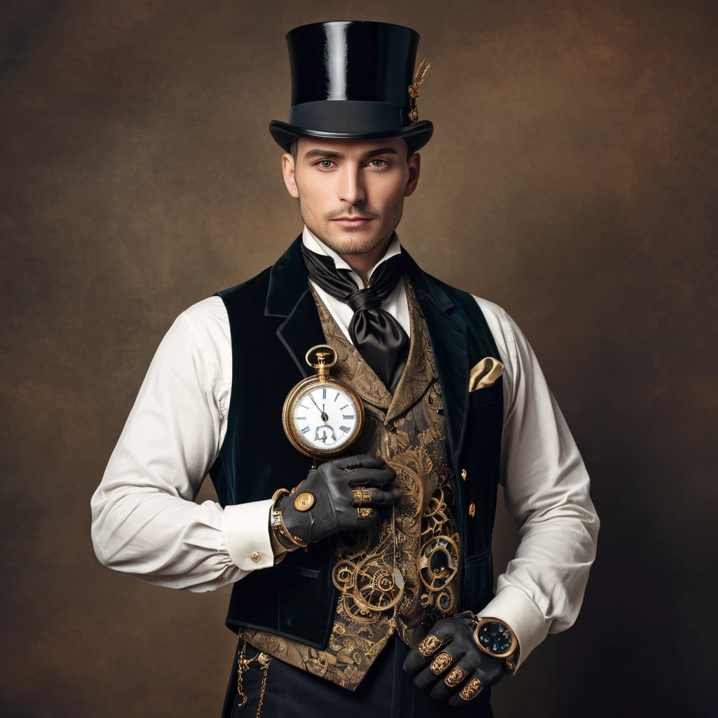 An elegant Victorian gentleman with a finely crafted prosthetic arm made of polished brass and copper. He holds a pocket watch that displays intricate gears instead of numbers. Dressed in a velvet waistcoat and cravat, a top hat casting a shadow over his piercing gaze. Steampunk, cinematic lighting, Art Deco elements.