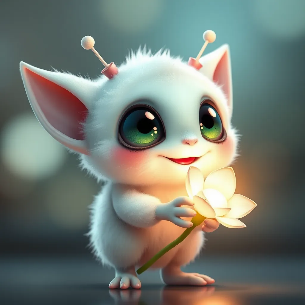 A fluffy, pastel-colored alien with oversized eyes and tiny antennae, giggling and holding a glowing flower, anime style, soft lighting