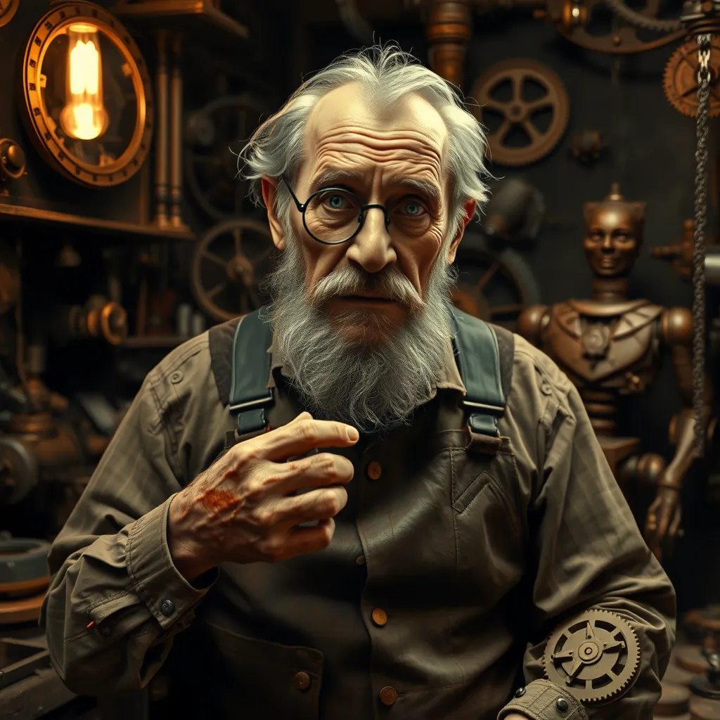 A grizzled old inventor in a dimly lit workshop, surrounded by gears, cogs, and strange contraptions. He wears a monocle and a leather apron, his hands stained with oil and grime. A mischievous glint in his eye, a half-finished automaton in the background. Steampunk, sepia tones, Rembrandt lighting.