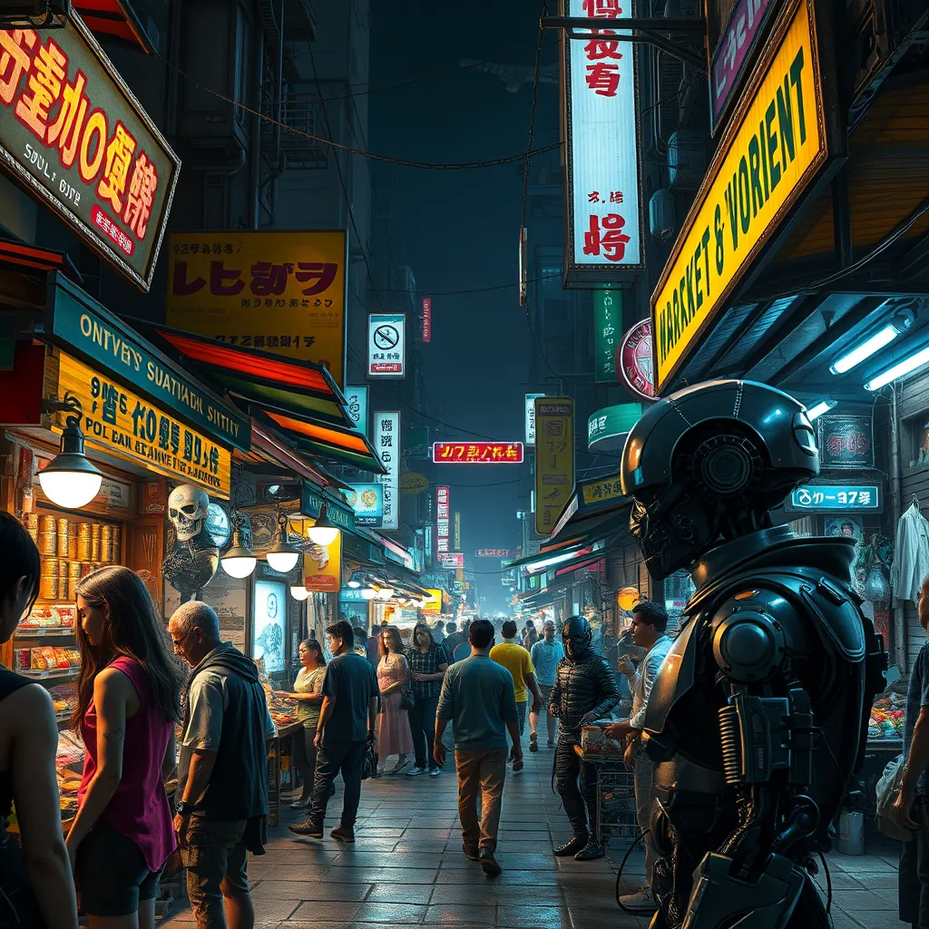 Cyberpunk street market at night, brightly lit stalls selling exotic goods and cybernetic enhancements, a diverse crowd of humans, aliens, and robots haggling over prices, vibrant colors and a sense of energy and excitement, cinematic lighting, detailed environment